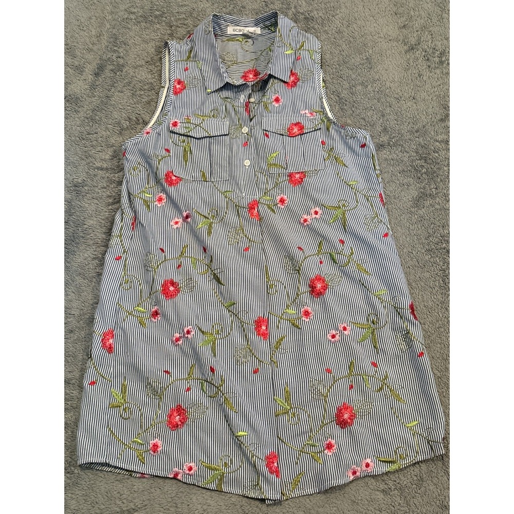 BCBGeneration Shirt Dress Womens Medium Blue Striped Floral Embroidered Button